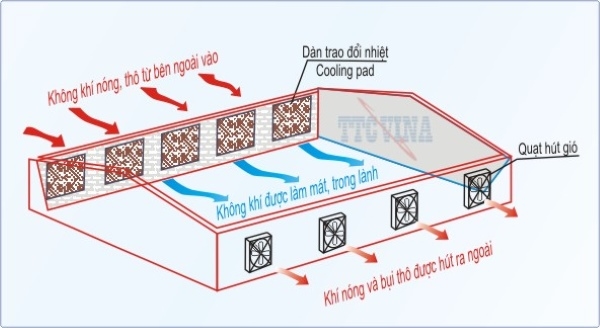 Quá trình quạt thông gió hoạt động khi không khí lưu thông từ ngoài vào bên trong nhà xưởng