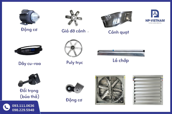 Quạt hút công nghiệp 1100x1100 được cấu tạo từ nhiều bộ phận cơ - điện đồng bộ