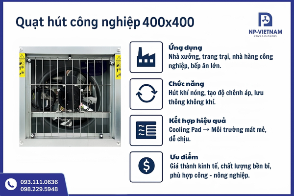 Quạt hút công nghiệp 400x400 có khả năng vận hành bền bỉ trong nhiều môi trường làm việc