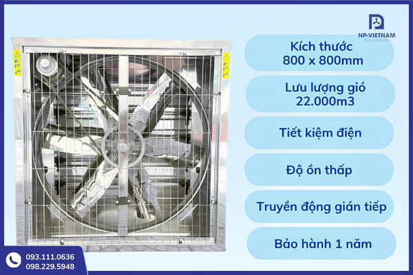 Quạt hút công nghiệp 800x800 có lưu lượng gió lớn, tiết kiệm điện năng và vận hành ổn định