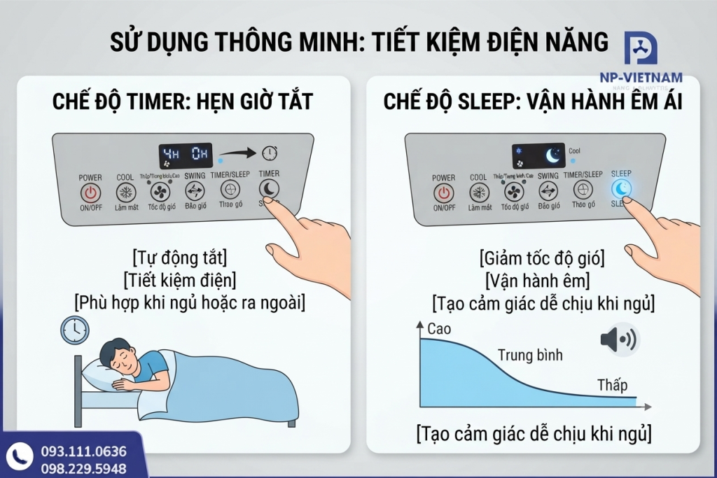 Thiết lập Timer và Sleep giúp quạt tự động vận hành thông minh, tiết kiệm điện