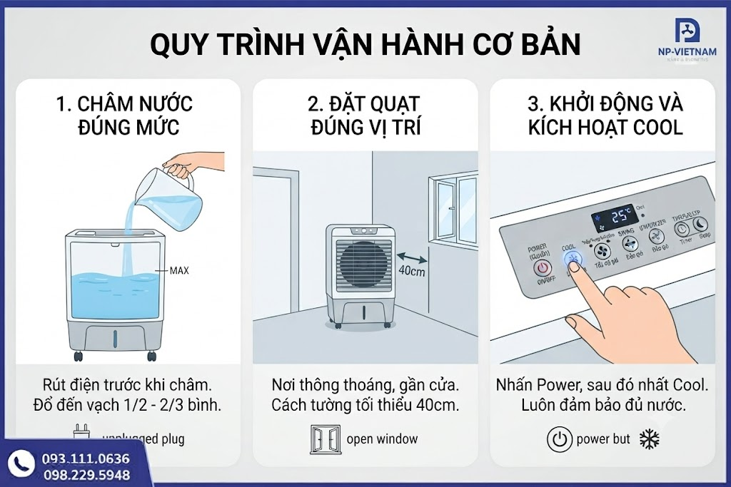 Quy trình vận hành quạt hơi nước điều hòa từ châm nước, đặt vị trí đến khởi động thiết bị