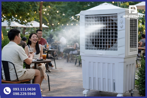 Quạt hơi nước công suất lớn phù hợp không gian mở như quán cafe, sân vườn