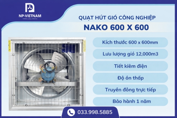 Quạt NAKO 700x700 có kích thước nhỏ gọn, phù hợp với không gian bán công nghiệp và kho nhỏ