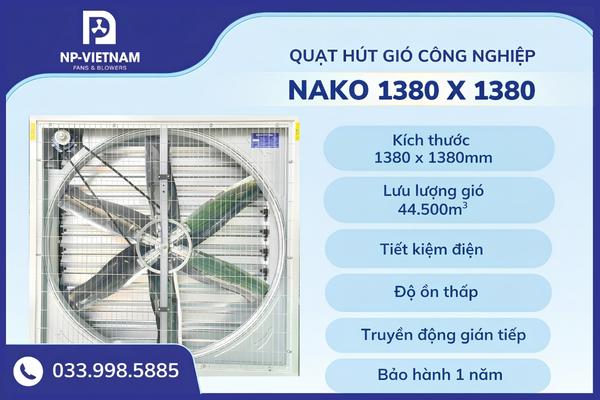 Quạt hút công nghiệp NAKO 1380x1380 phù hợp cho nhà xưởng, trang trại và công trình cần lưu lượng gió cao