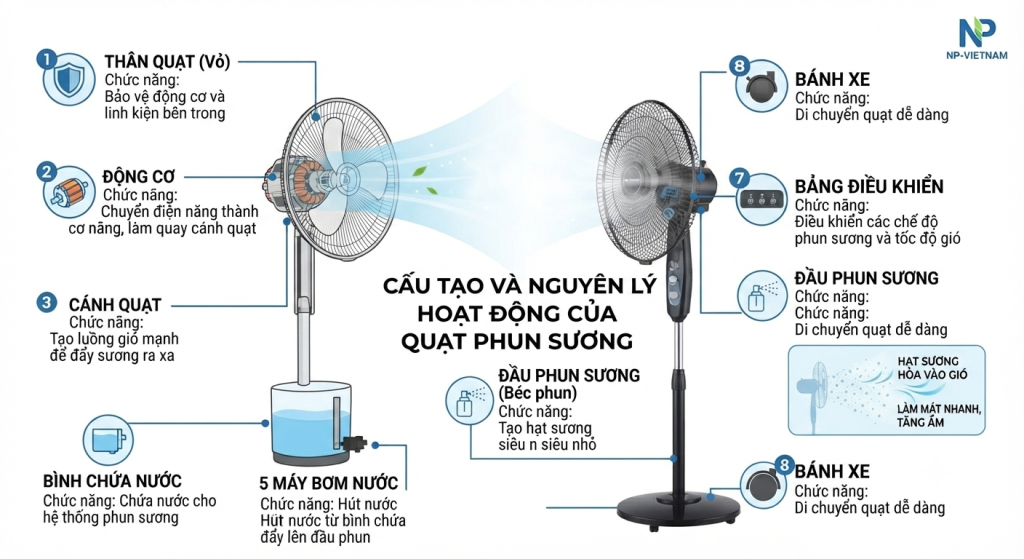 Các bộ phận chính cấu thành quạt phun sương và chức năng của từng chi tiết