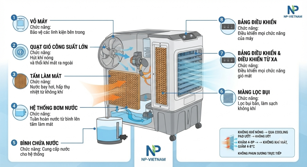 Các bộ phận chính giúp quạt điều hòa vận hành ổn định và làm mát hiệu quả